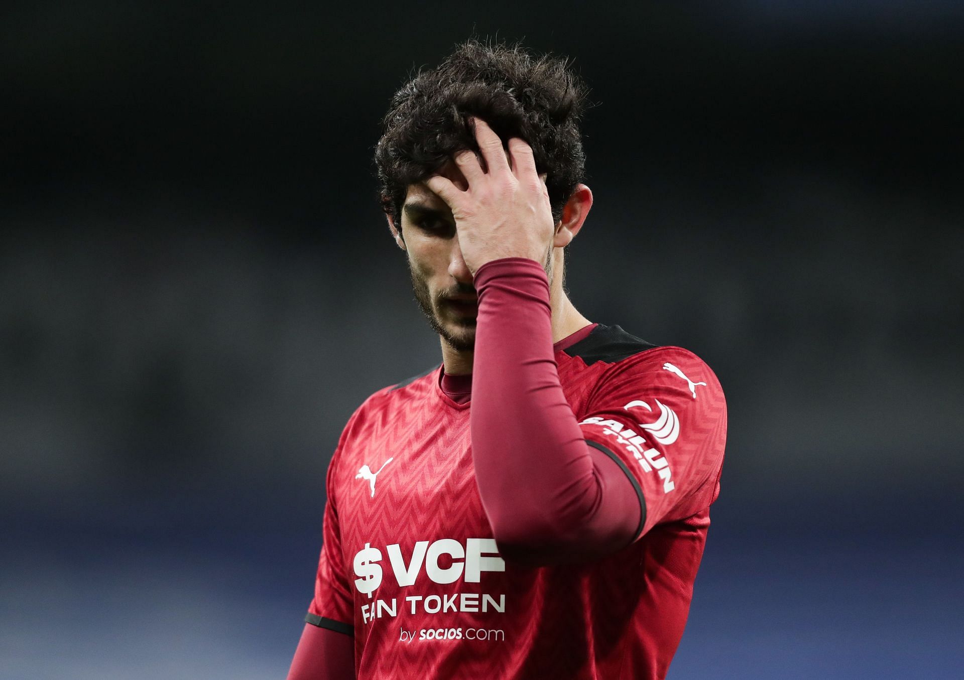 Goncalo Guedes looks dejected after Valencia's loss against Real Madrid.